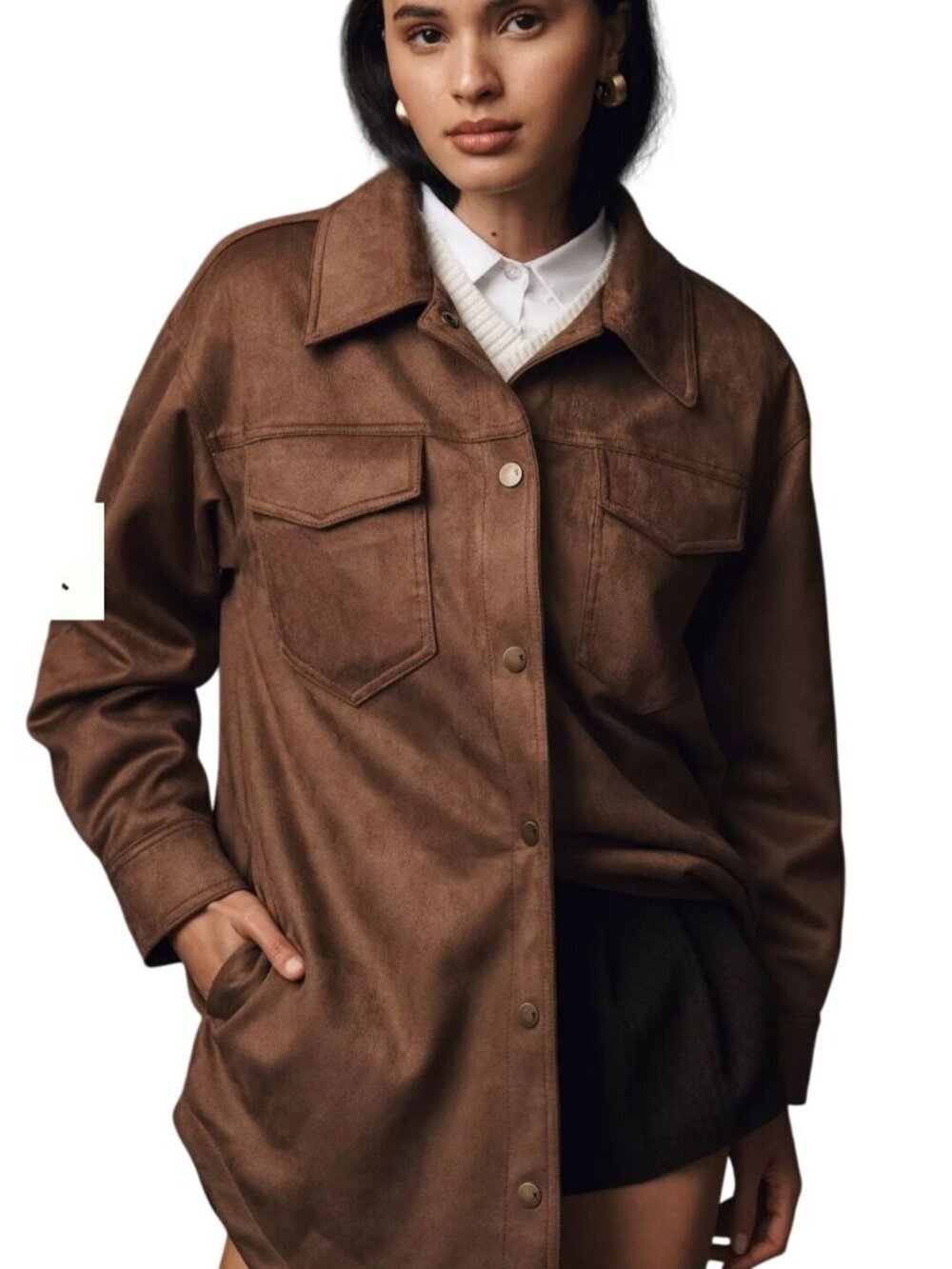 Anthropologie The Tillie Relaxed Faux Suede Shacket By Pilcro Brown Size M